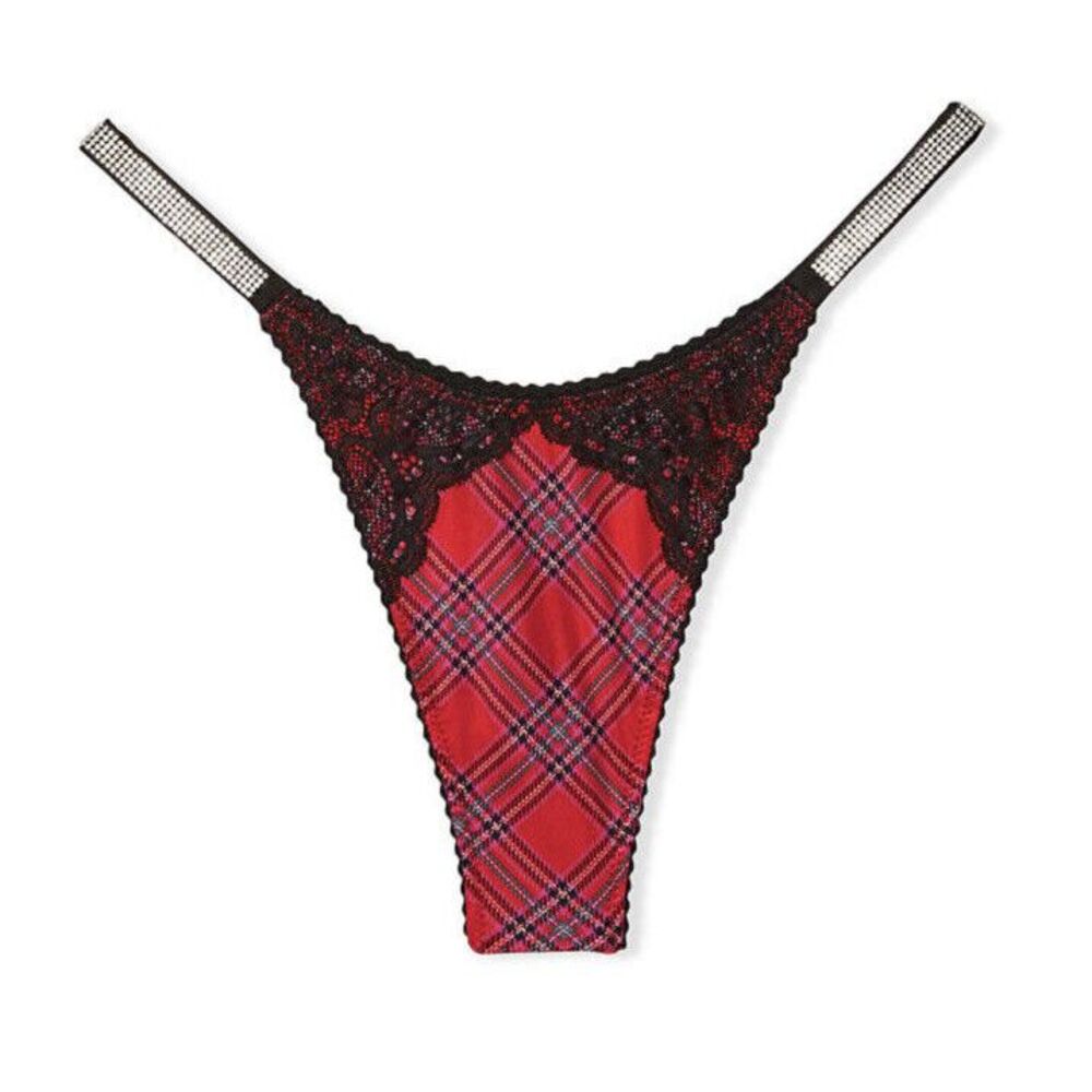 Victoria's Secret Very Sexy Lace Thong Shine Strap Sz L - Lacy Plaid Red